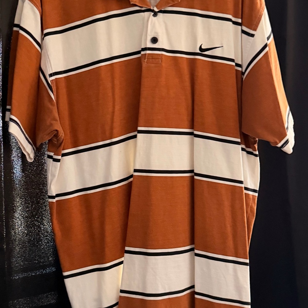 Nike Men's Burnt Orange & White Striped Polo with Black Accents